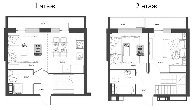 Планировка 3е-к.кв 59.22 м² в ЖК «ПараПарк. Томск»