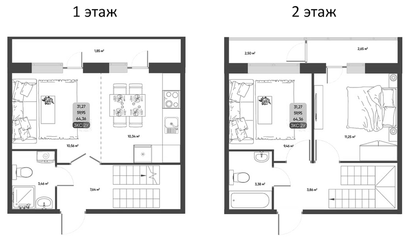 Планировка 3е-к. квартира 59.95 м² в ЖК «ПараПарк. Томск»
