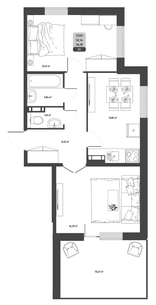 Планировка 2-к. квартира 52.14 м² в ЖК «ПараПарк. Томск»