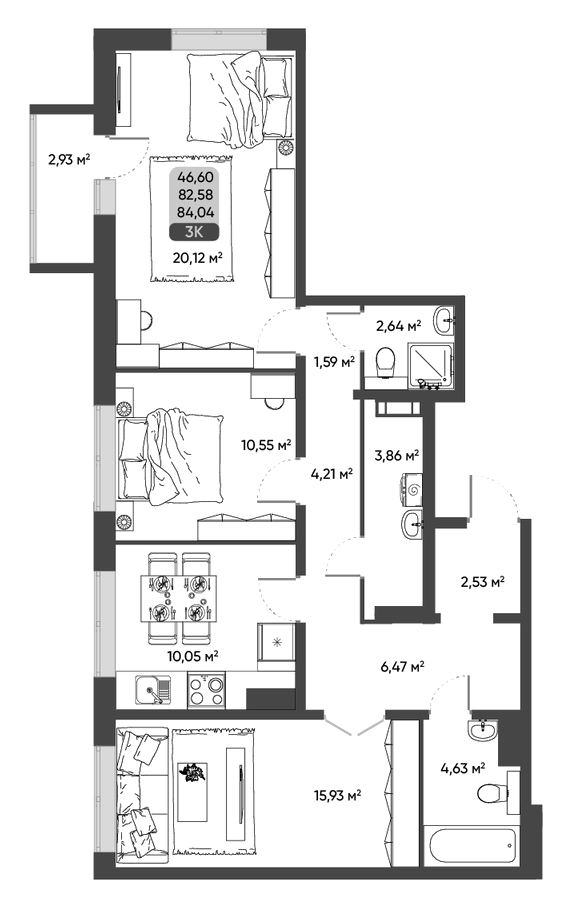 Планировка 3-к. квартира 82.58 м² в ЖК «ПараПарк. Томск»