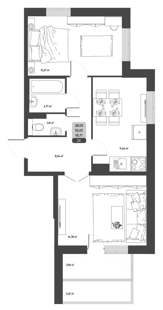 Планировка 2-к. квартира 52.63 м² в ЖК «ПараПарк. Томск»