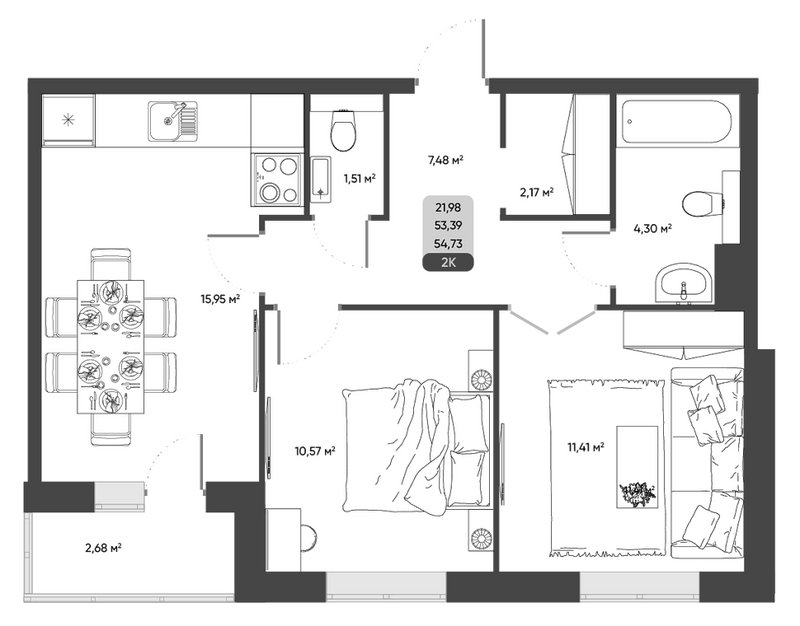 Планировка 2-к. квартира 53.39 м² в ЖК «ПараПарк. Томск»