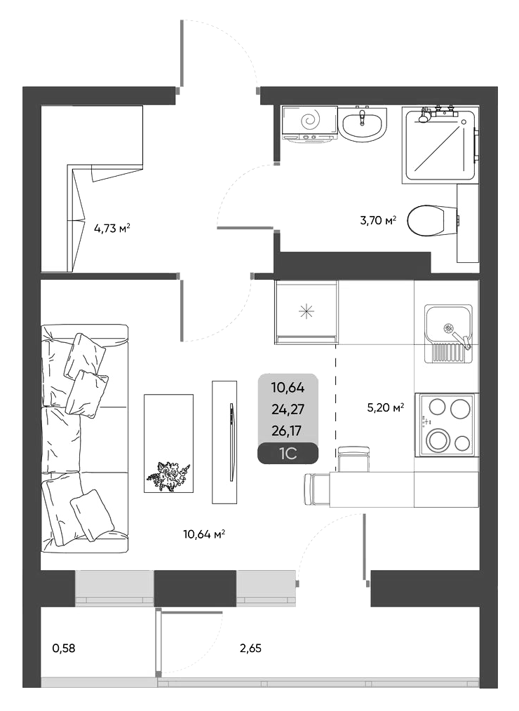 Планировка студии 24.27 м² в ЖК «ПараПарк. Томск»