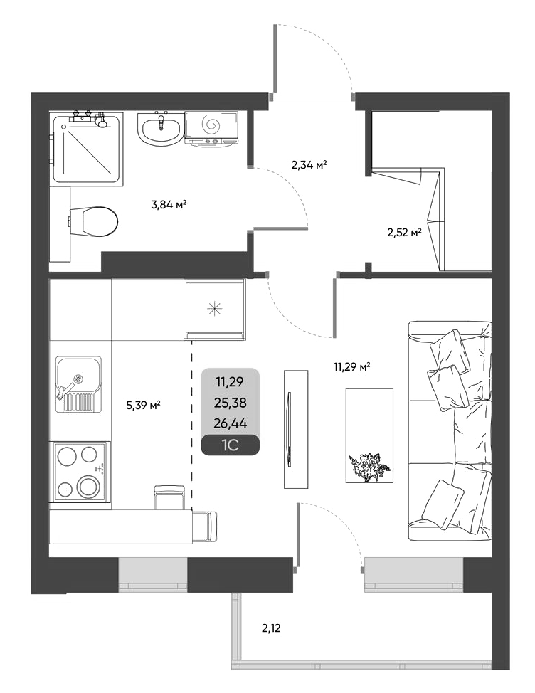 Планировка студии 25.38 м² в ЖК «ПараПарк. Томск»