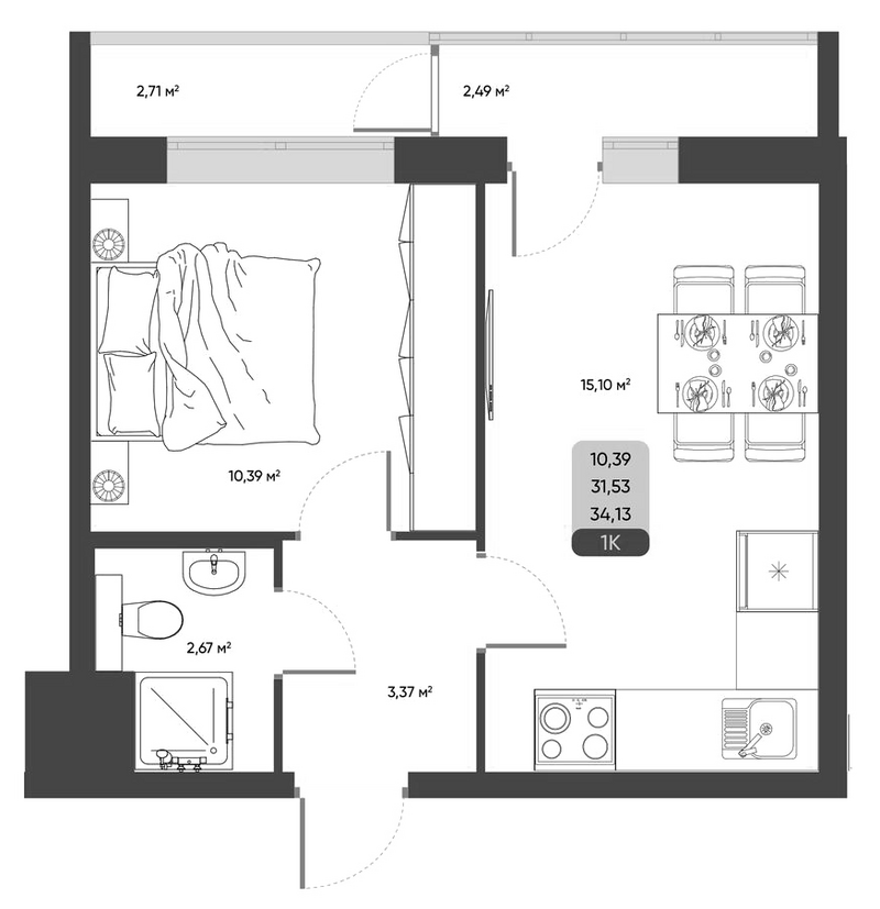 Планировка 1-к.кв 31.53 м² в ЖК «ПараПарк. Томск»