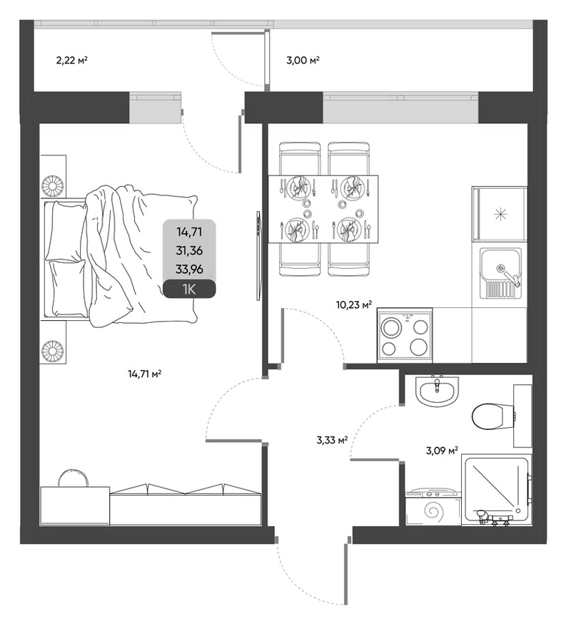Планировка 1-к.кв 31.36 м² в ЖК «ПараПарк. Томск»