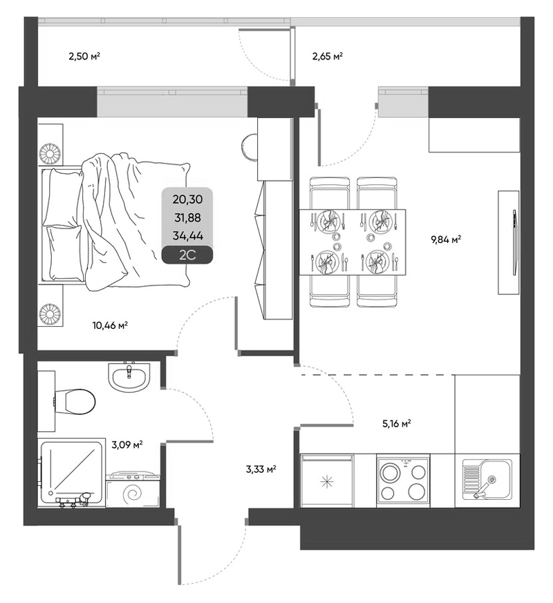 Планировка 2е-к. квартира 31.88 м² в ЖК «ПараПарк. Томск»