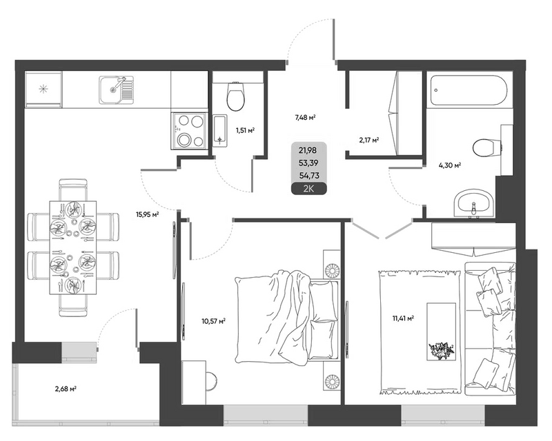 Планировка 2-к. квартира 53.39 м² в ЖК «ПараПарк. Томск»