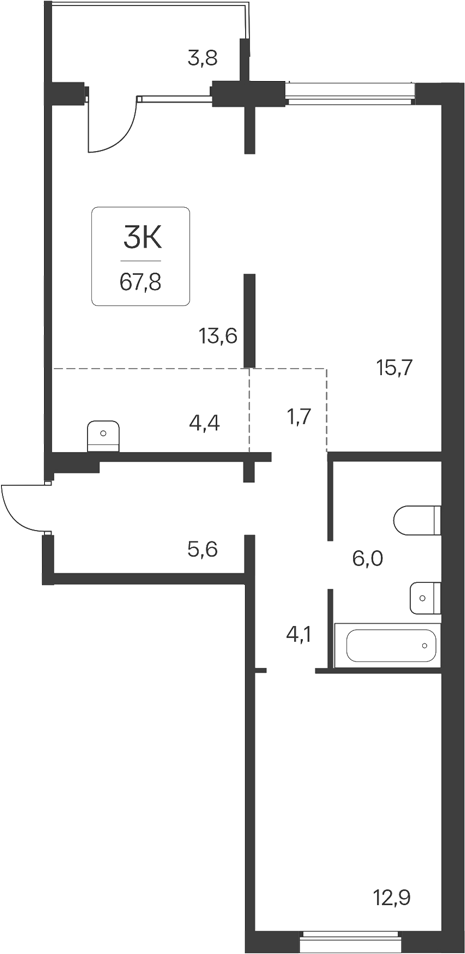 Планировка 3е-к.кв 64.00 м² в ЖК «Квартал Цветной Бульвар»
