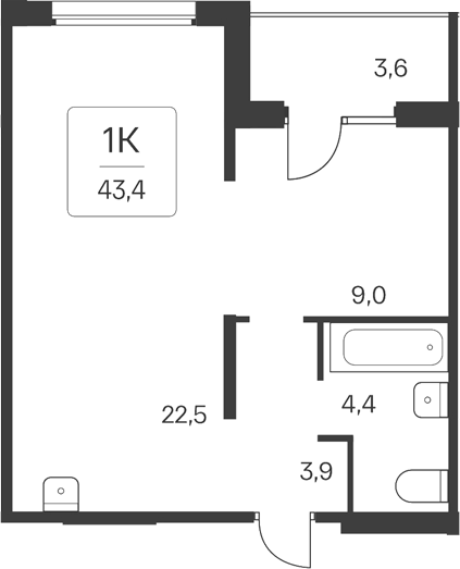 Планировка 1-к.кв 39.80 м² в ЖК «Квартал Цветной Бульвар»