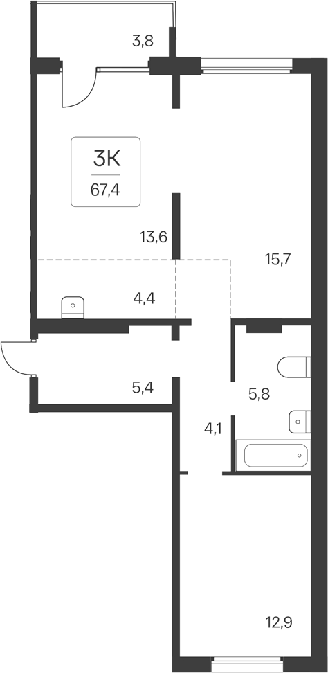 Планировка 3е-к.кв 63.60 м² в ЖК «Квартал Цветной Бульвар»