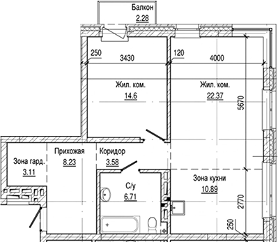 Планировка 2е-к.кв 69.49 м² в ЖК «Flora&Fauna»