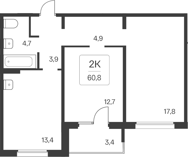 Планировка 2-к.кв 57.40 м² в ЖК «Квартал Цветной Бульвар»