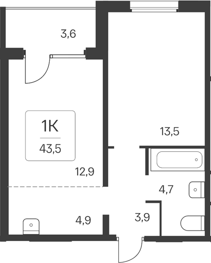 Планировка 2е-к.кв 39.90 м² в ЖК «Квартал Цветной Бульвар»