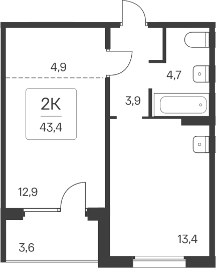 Планировка 2е-к.кв 39.80 м² в ЖК «Квартал Цветной Бульвар»