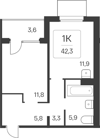 Планировка 1-к. квартира 38.70 м² в ЖК «Квартал Цветной Бульвар»