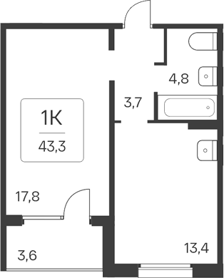 Планировка 1-к. квартира 39.70 м² в ЖК «Квартал Цветной Бульвар»