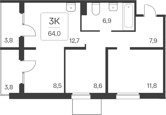 Планировка 3-к.кв 56.40 м² в ЖК «Квартал Цветной Бульвар»