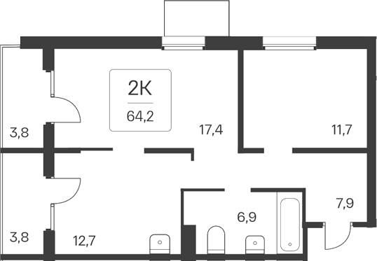 Планировка 2-к.кв 56.60 м² в ЖК «Квартал Цветной Бульвар»
