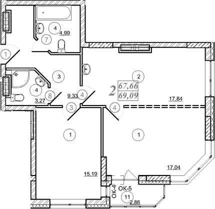 Планировка 2-к.кв 67.70 м² в ЖК «Астон. Шесть Звезд»