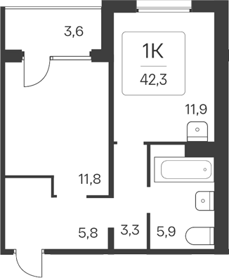 Планировка 1-к. квартира 38.70 м² в ЖК «Квартал Цветной Бульвар»