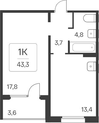 Планировка 1-к. квартира 39.70 м² в ЖК «Квартал Цветной Бульвар»
