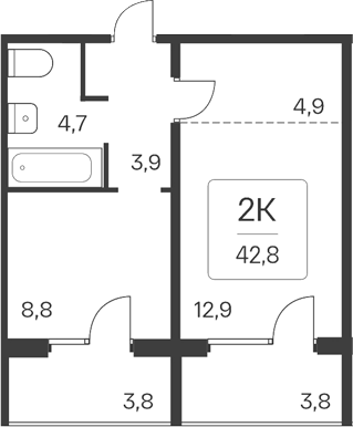 Планировка 2е-к.кв 35.20 м² в ЖК «Квартал Цветной Бульвар»
