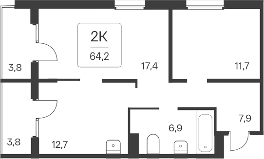 Планировка 2-к.кв 56.60 м² в ЖК «Квартал Цветной Бульвар»