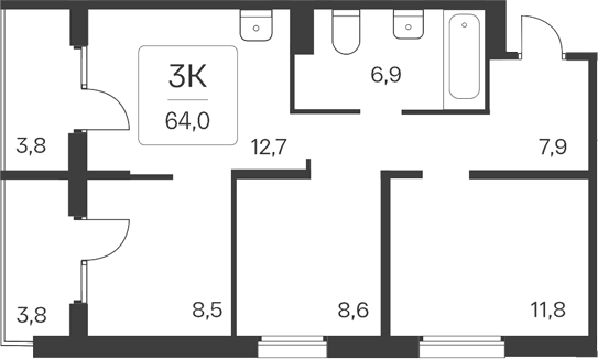 Планировка 3-к. квартира 56.40 м² в ЖК «Квартал Цветной Бульвар»