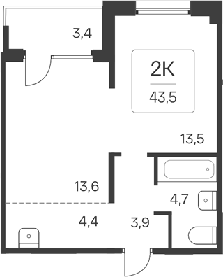 Планировка 2е-к.кв 40.10 м² в ЖК «Квартал Цветной Бульвар»