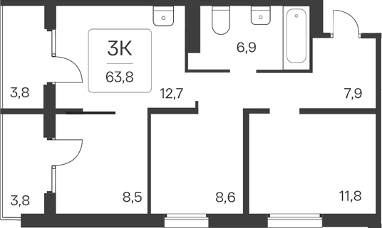 Планировка 3-к. квартира 56.20 м² в ЖК «Квартал Цветной Бульвар»