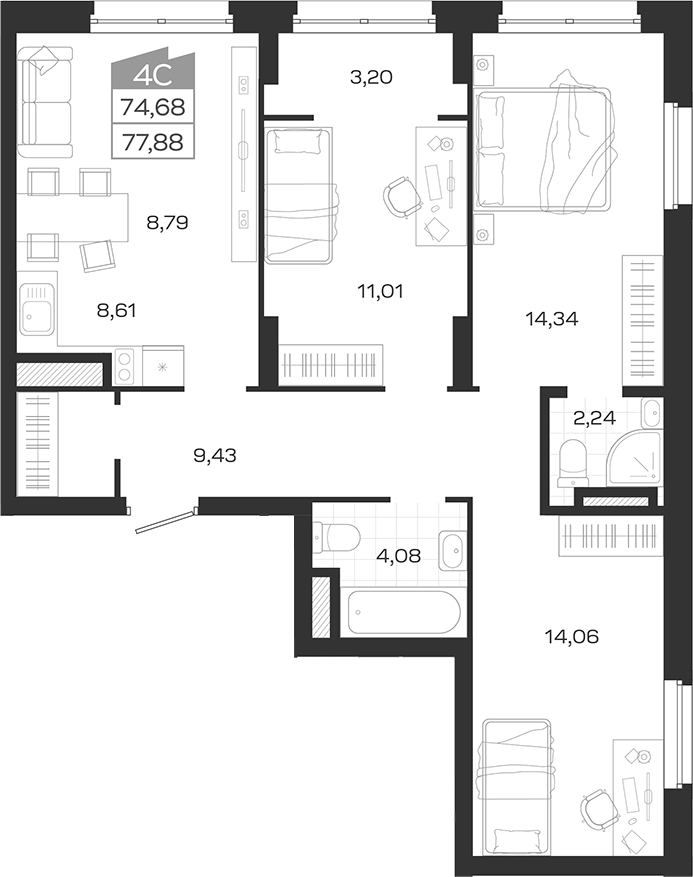 Планировка 4е-к.кв 73.28 м² в ЖК «Ясный Берег»