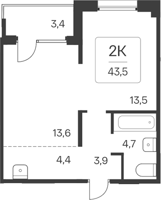 Планировка 2е-к.кв 40.10 м² в ЖК «Квартал Цветной Бульвар»