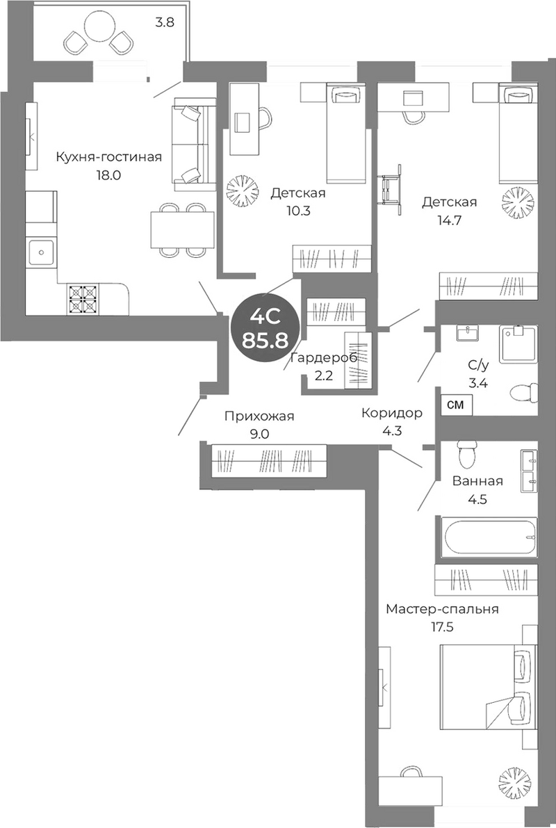 Планировка 4е-к.кв 83.90 м² в ЖК «Квартал на Российской»