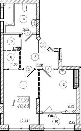 Планировка 1-к.кв 37.93 м² в ЖК «Астон. Шесть Звезд»