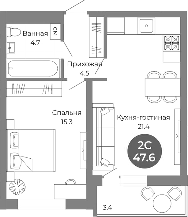 Планировка 2е-к.кв 45.90 м² в ЖК «Квартал на Российской»