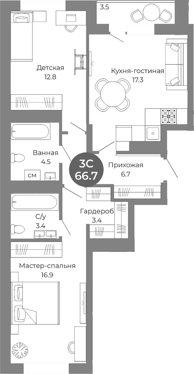Планировка 3е-к.кв 64.95 м² в ЖК «Квартал на Российской»