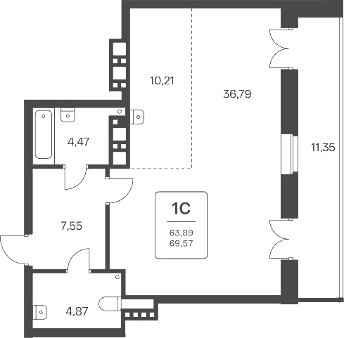 Планировка свободная планировка 69.56 м² в ЖК «Расцветай на Ядринцевской»