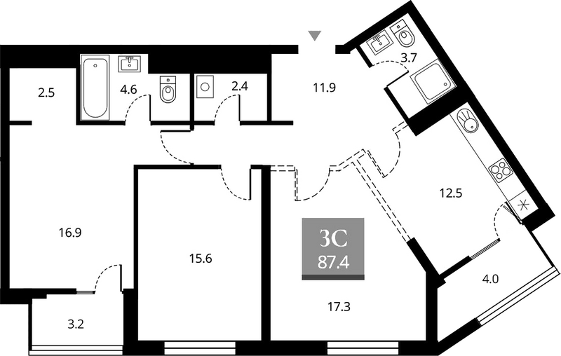 Планировка 3е-к.кв 89.60 м² в ЖК «Беринг»