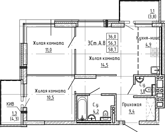 Планировка 3е-к.кв 56.30 м² в ЖК «ЛУНА»