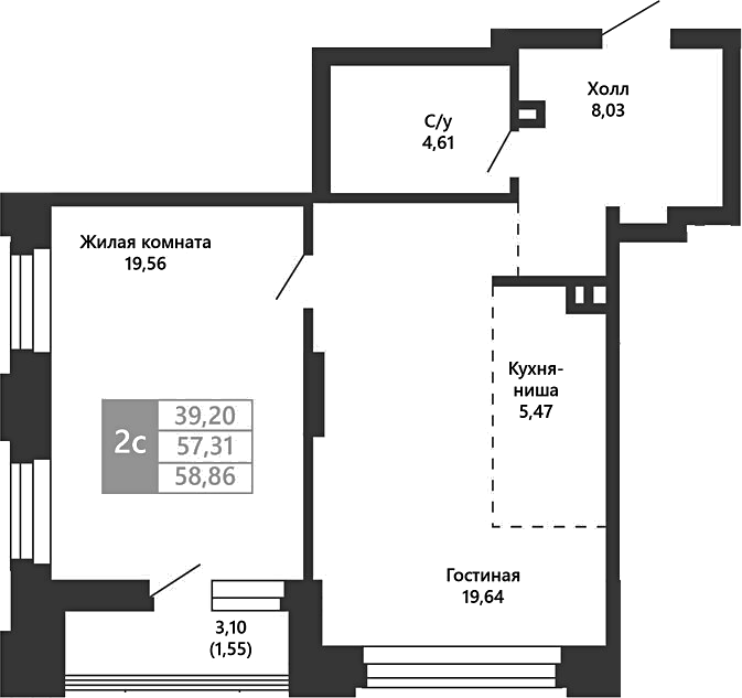 Планировка 2е-к.кв 57.31 м² в ЖК «Легендарный-Северный»