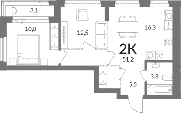 Планировка 2-к.кв 49.65 м² в ЖК «Горская лагуна»