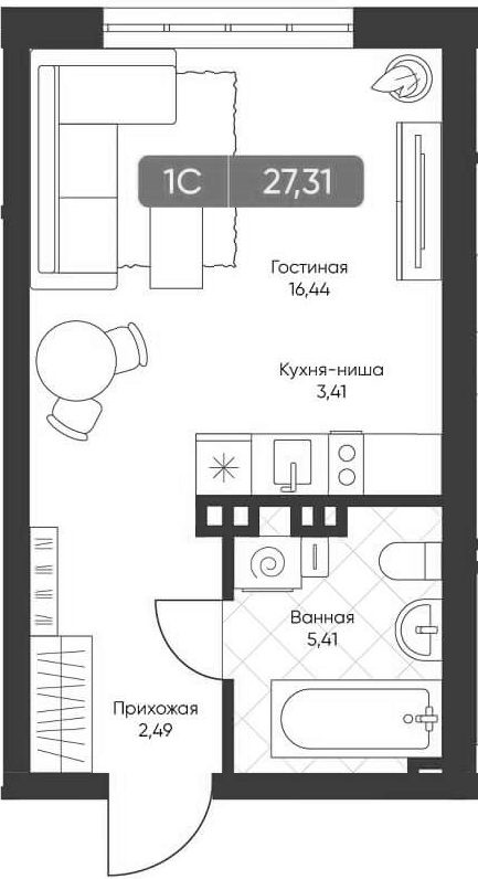 Планировка студии 27.31 м² в ЖК «Биография»