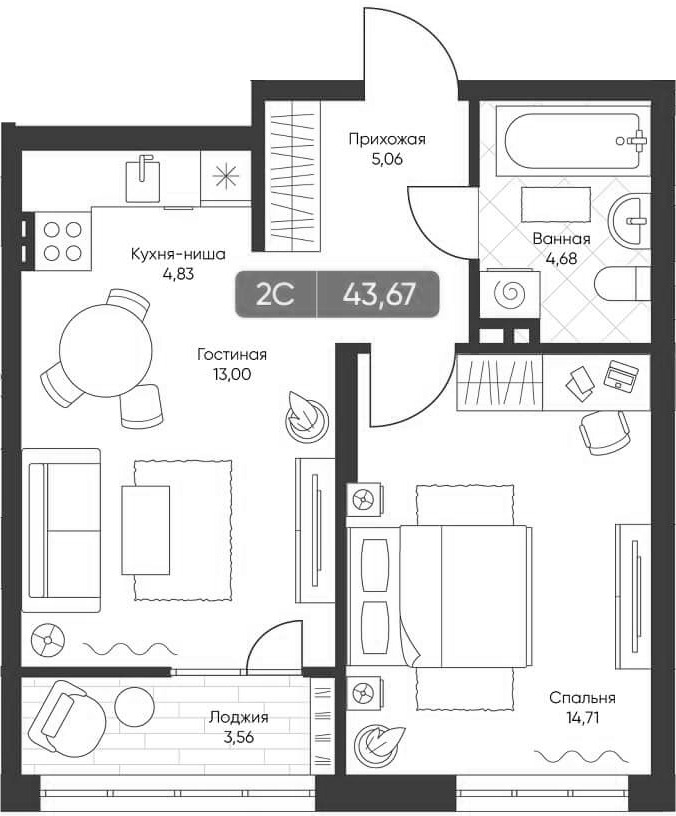 Планировка 2е-к.кв 41.89 м² в ЖК «Биография»