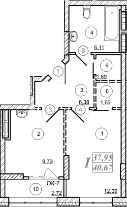 Планировка 1-к.кв 37.95 м² в ЖК «Астон. Шесть Звезд»