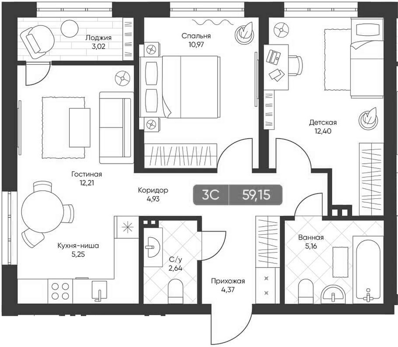 Планировка 3е-к.кв 57.64 м² в ЖК «Биография»