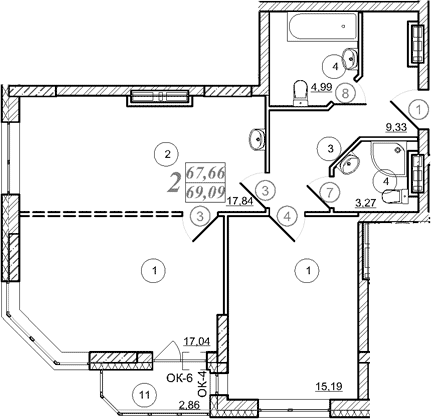 Планировка 2-к.кв 67.70 м² в ЖК «Астон. Шесть Звезд»