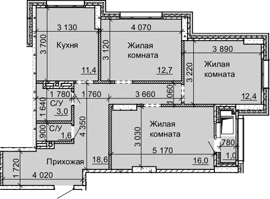 Планировка 3-к.кв 75.70 м² в ЖК «Столетов»