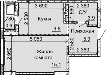 Планировка 1-к.кв 34.70 м² в ЖК «Столетов»
