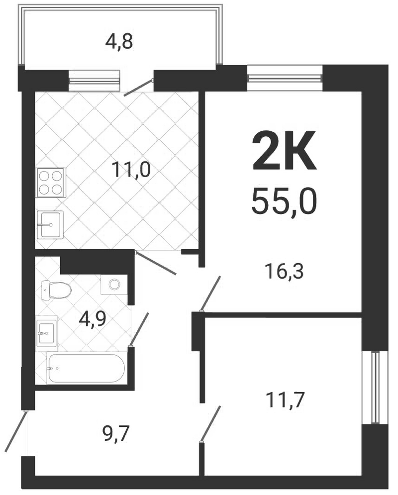 Планировка 2-к.кв 53.56 м² в ЖК «Тетрис»